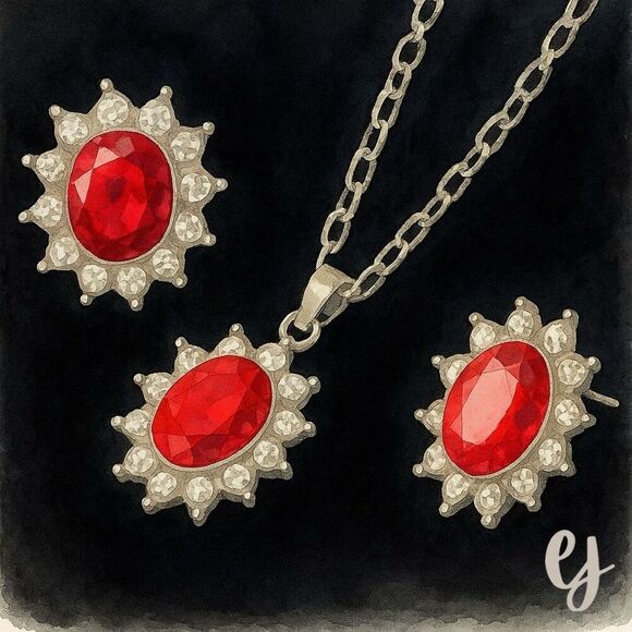 Ruby Red Oval Pendant Necklace & Earring Set with CZ Halo in Silver Tone - Picture 1 of 10